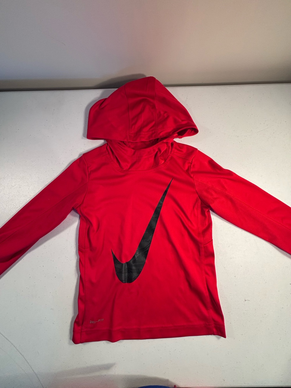 Nike Kids Red Hooded Dri-FIT Long Sleeve Top with Black Swoosh